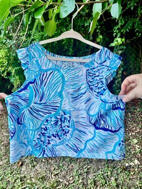 Lilly Pulitzer Girls Blue Sea Cups Print Ruffle Top - Size L